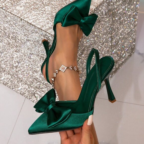Green Preppy Women's Pointed Toe Slingback Stilettos - Picture 1 of 5